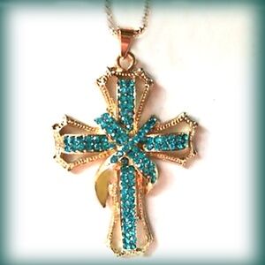 Large Blue Teal Crystal Rhinestone Cross Necklace - Brand New No Tags